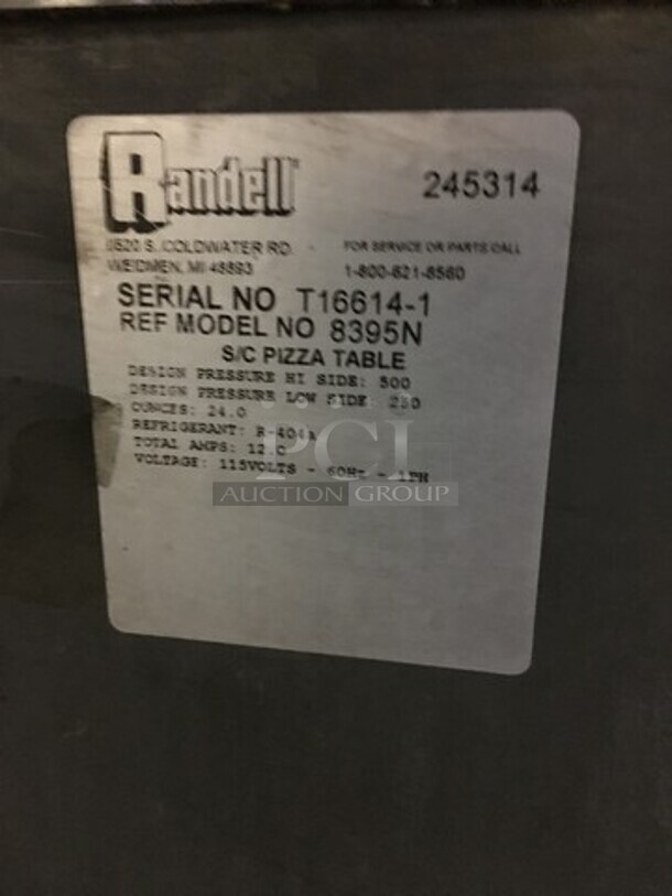 Randell Refrigerated Pizza Prep Table! With 3 Door Storage Underneath! Model 8395N Serial T16614-! 115V 1 Phase! On Commercial Casters!
 - Image 11 of 11