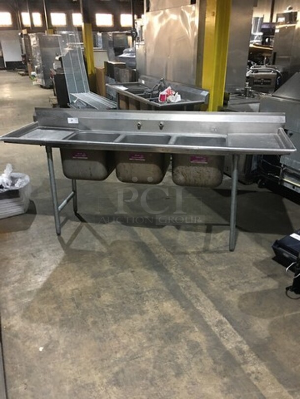 All Stainless Steel Commercial 3 Compartment Sink! With Left & Right Side Drainboard! With Backsplash! With Faucet! On Legs! - Image 1 of 10