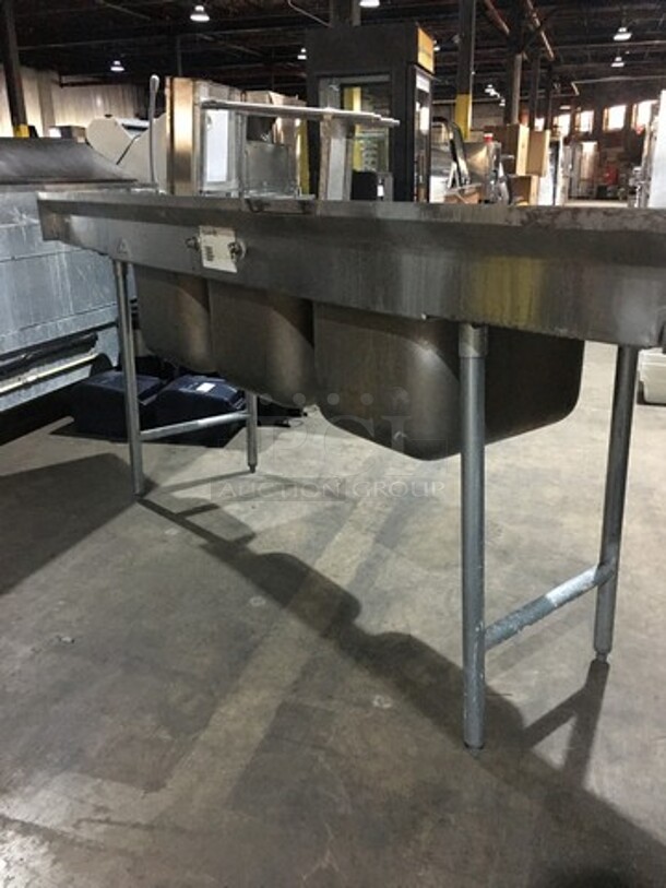 All Stainless Steel Commercial 3 Compartment Sink! With Left & Right Side Drainboard! With Backsplash! With Faucet! On Legs! - Image 4 of 10