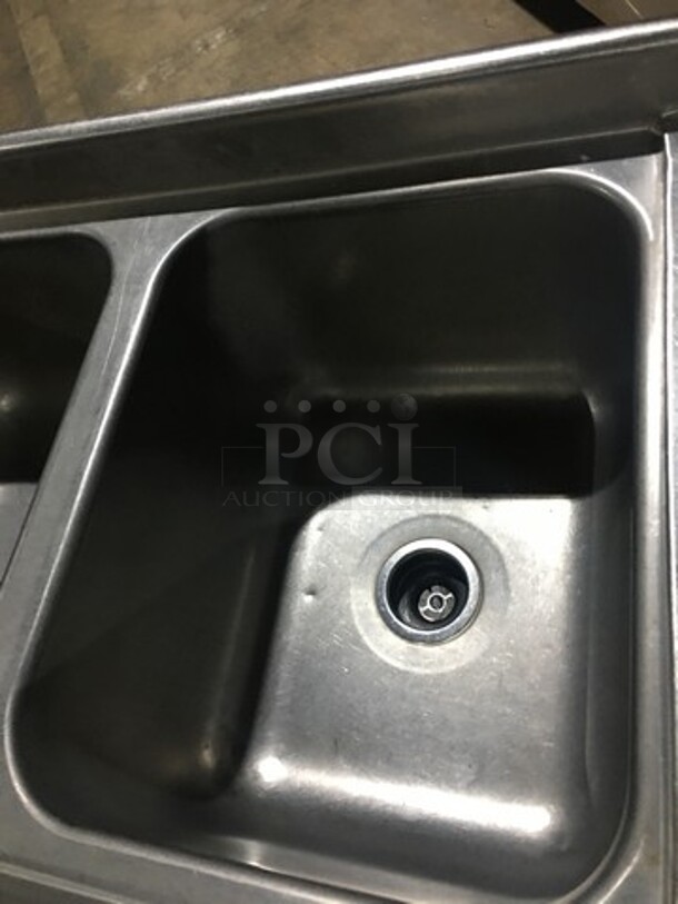 All Stainless Steel Commercial 3 Compartment Sink! With Left & Right Side Drainboard! With Backsplash! With Faucet! On Legs! - Image 7 of 10