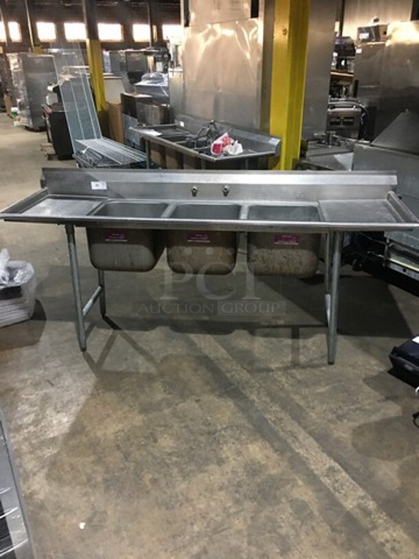 All Stainless Steel Commercial 3 Compartment Sink! With Left & Right Side Drainboard! With Backsplash! With Faucet! On Legs! - Image 9 of 10