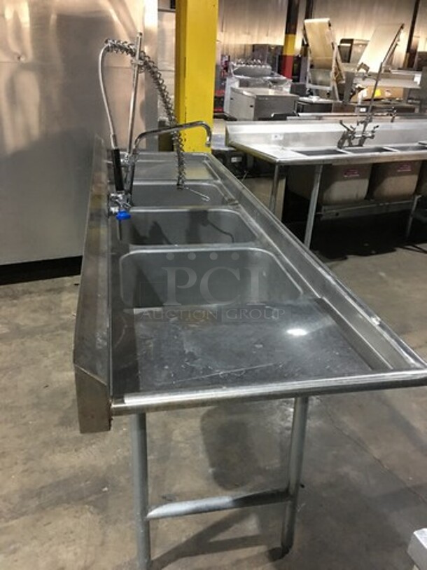 Advance Tabco Commercial 3 Compartment Sink! With Left & Right Side Drainboard! With Backsplash! With Faucet & Jet Spray Hose! All Stainless Steel! Model T935418RL! On Legs!  - Image 2 of 9