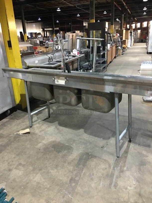 Advance Tabco Commercial 3 Compartment Sink! With Left & Right Side Drainboard! With Backsplash! With Faucet & Jet Spray Hose! All Stainless Steel! Model T935418RL! On Legs!  - Image 3 of 9