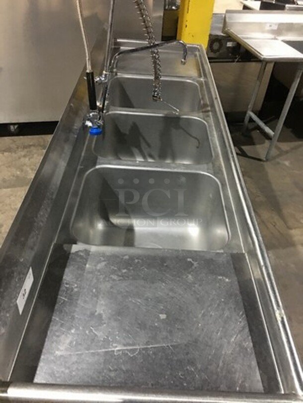 Advance Tabco Commercial 3 Compartment Sink! With Left & Right Side Drainboard! With Backsplash! With Faucet & Jet Spray Hose! All Stainless Steel! Model T935418RL! On Legs!  - Image 5 of 9