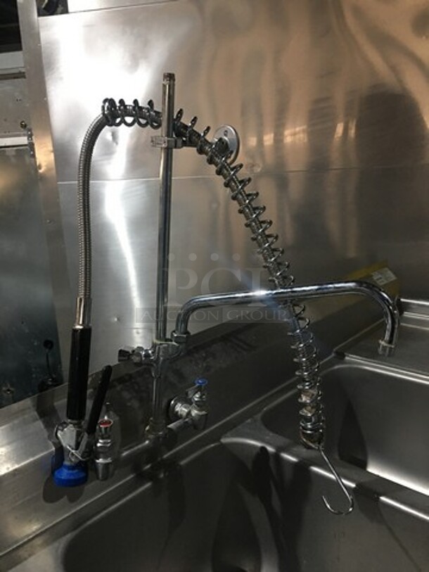 Advance Tabco Commercial 3 Compartment Sink! With Left & Right Side Drainboard! With Backsplash! With Faucet & Jet Spray Hose! All Stainless Steel! Model T935418RL! On Legs!  - Image 7 of 9
