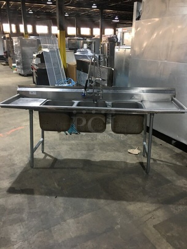 Advance Tabco Commercial 3 Compartment Sink! With Left & Right Side Drainboard! With Backsplash! With Faucet & Jet Spray Hose! All Stainless Steel! Model T935418RL! On Legs!  - Image 9 of 9