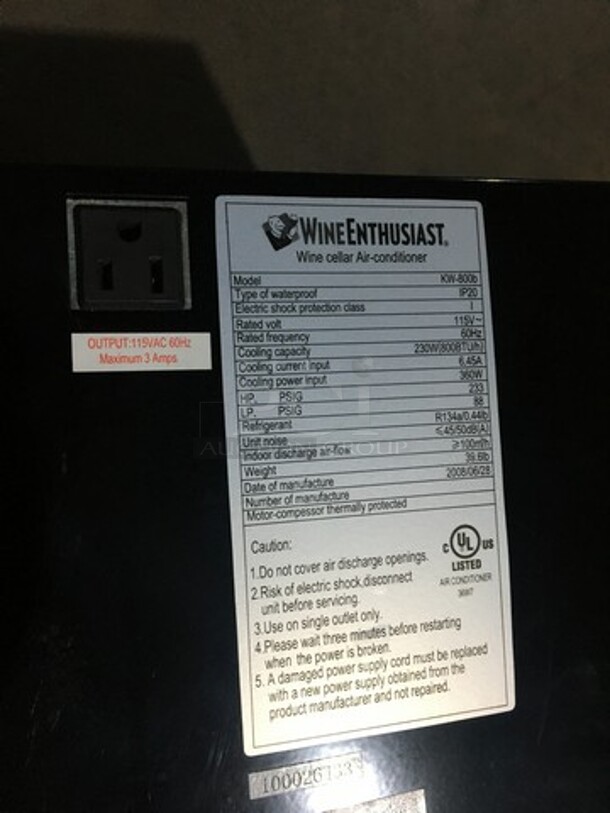 Wine Enthusiast Commercial Wine Cellar Air Conditioner! Model KW800B! 115V! - Image 4 of 6