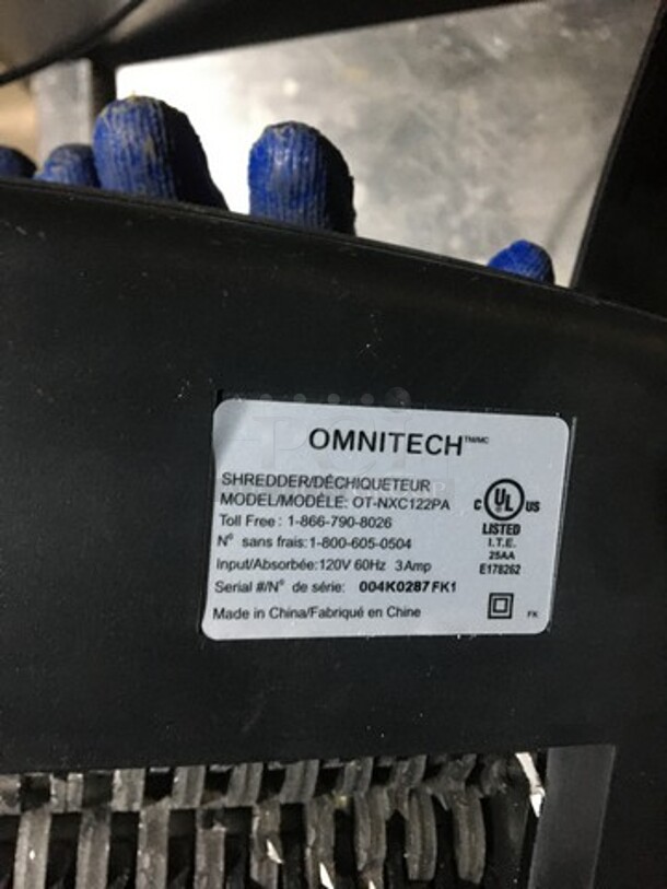Omnitech Paper Shredder! Model OTNXC122PA Serial 004K0287FK1! 120V! - Image 6 of 8