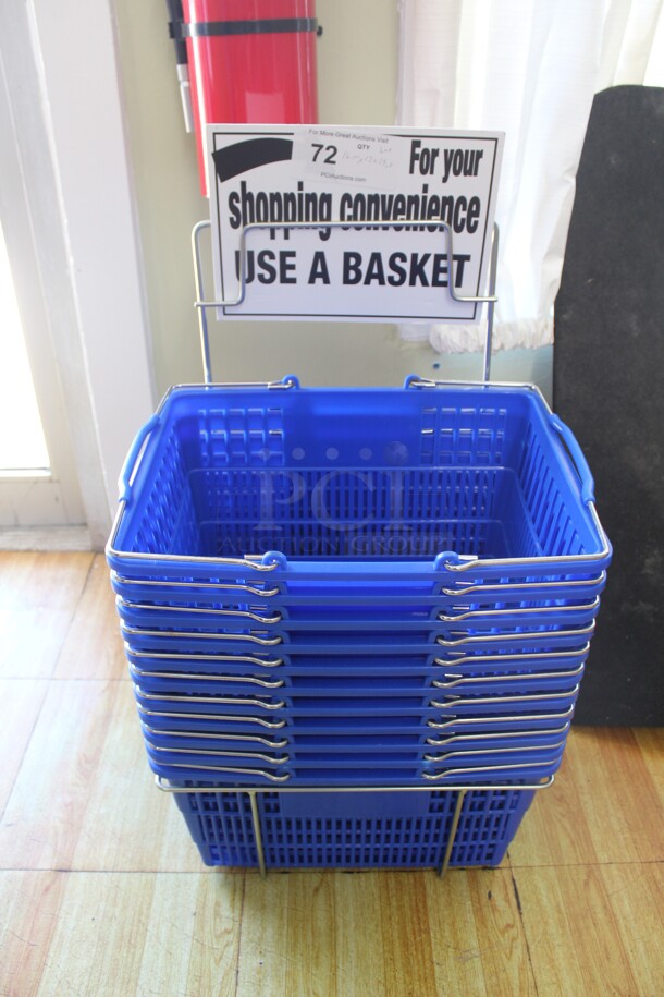 10 Grocery Baskets With Holder. 16.5x13x29.5. 10X Your Bid! Shipping Is Not Available. - Image 1 of 2