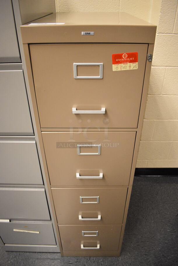 Cole Light Brown Metal 4 Drawer Filing Cabinet. Unit Is Locked. 15x27x52.5. (John N. Hall Tech - Room 106)
