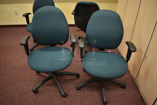5 Green Office Chairs w/ Arm Rests on Casters. 25x22x37. 5 Times Your Bid! (John N. Hall Tech - Room 111)