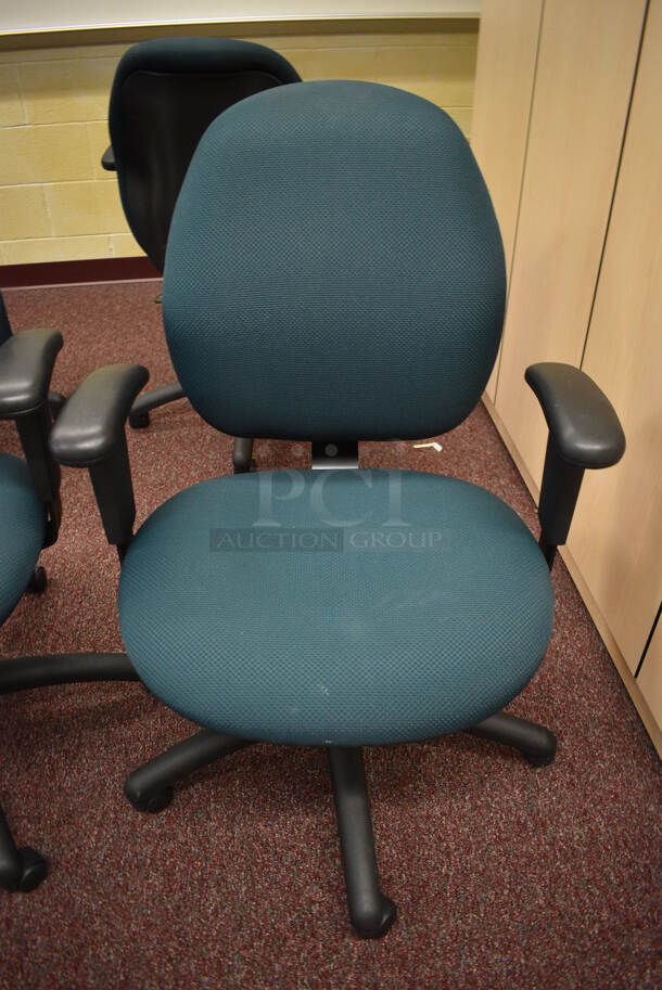 2 Green Office Chairs w/ Arm Rests on Casters. 25x22x37. 2 Times Your Bid! (John N. Hall Tech - Room 111) - Image 3 of 4