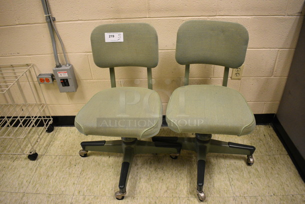 2 Green Office Chairs on Casters. 17x18x33. 2 Times Your Bid! (John N. Hall Tech - Room 109)
