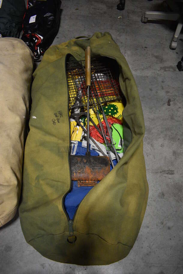 ALL ONE MONEY! Green Duffel Bag of Various Camping Equipment Including Fire Cooker! 45x17x17. (facilities) - Image 1 of 5
