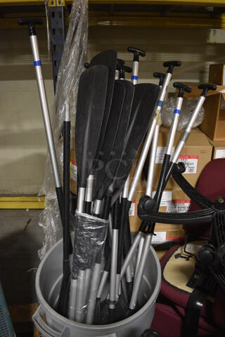 ALL ONE MONEY! Lot of 2 Double Sided and 15 Single Sided Oars in Gray Trash Can! Includes 56". (facilities)
