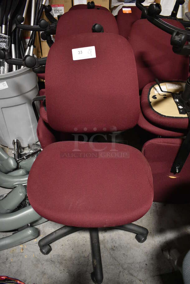 9 Maroon Office Chairs on Casters. 21x21x41. 9 Times Your Bid! (facilities)