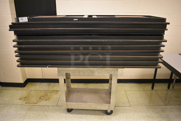 9 Collapsible Tables on Tan Poly 2 Tier Cart. 72x24x29, 34x17x32.5. 9 Times Your Bid! (John N. Hall Tech - Room 108)