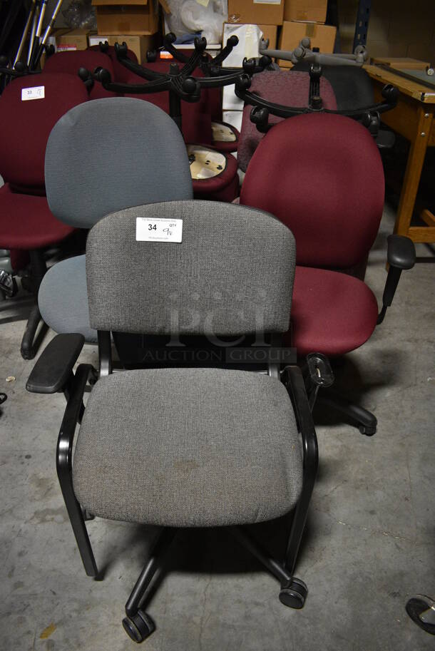 9 Various Office Chairs on Casters; Gray, Blue, Maroon, Striped. Includes 20x20x41. 9 Times Your Bid! (facilities)