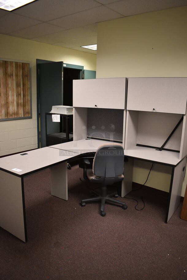 Gray Desk w/ 2 Overhead Cabinets and Office Chair. 72x66x66, 24x20x35. (John N. Hall Tech - Room 122)