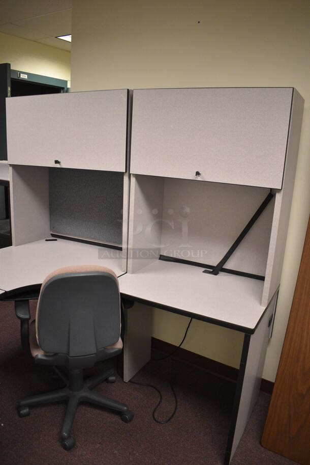 Gray Desk w/ 2 Overhead Cabinets and Office Chair. 72x66x66, 24x20x35. (John N. Hall Tech - Room 122) - Image 2 of 5