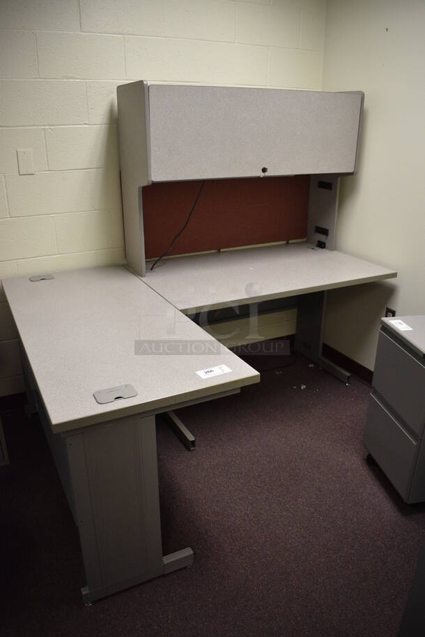 Gray L Shaped Desk w/ Cabinet. 54x72x64. (John N. Hall Tech - Room 122 Office F)