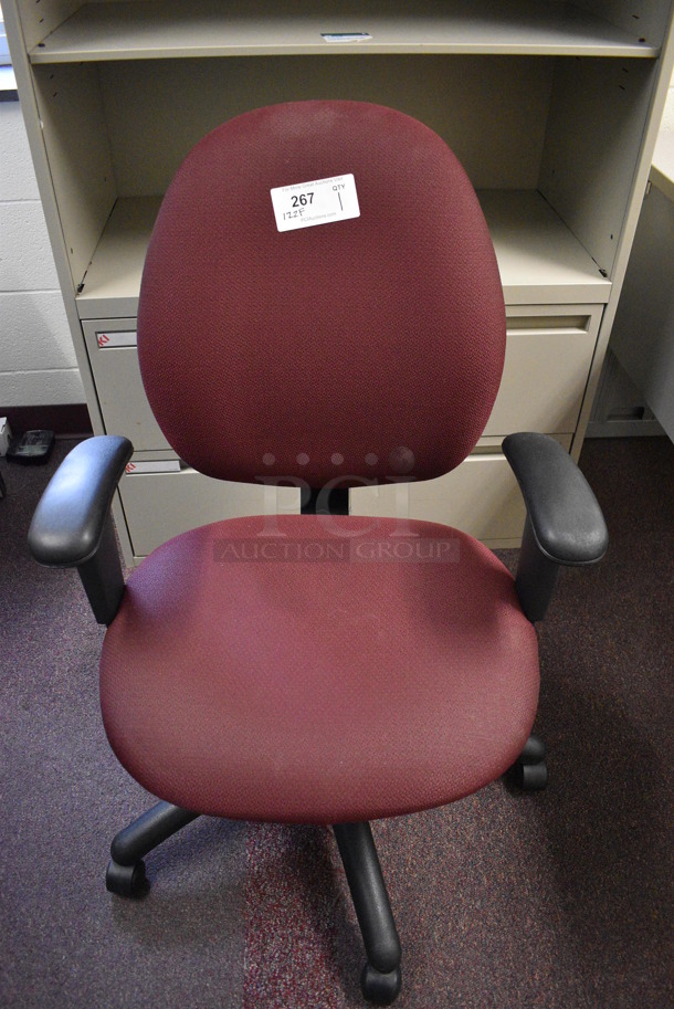Maroon Office Chair w/ Arm Rests on Casters. 24x22x36. (John N. Hall Tech - Room 122 Office F)