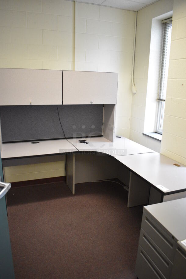 Gray L Shaped Desk w/ 2 Cabinets. 72x72x66. (John N. Hall Tech - Room 122 Office F)