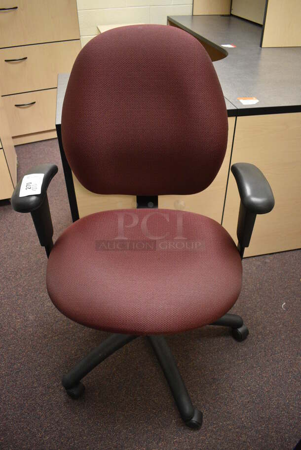 Maroon Office Chair w/ Arm Rests on Casters. 26x22x40. (John N. Hall Tech - Room 122 Office D)