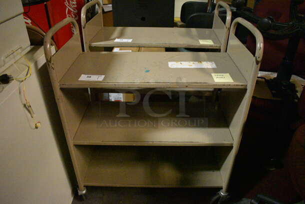 Tan Metal 3 Tier Book Cart on Commercial Casters. 32x15x39. (facilities)