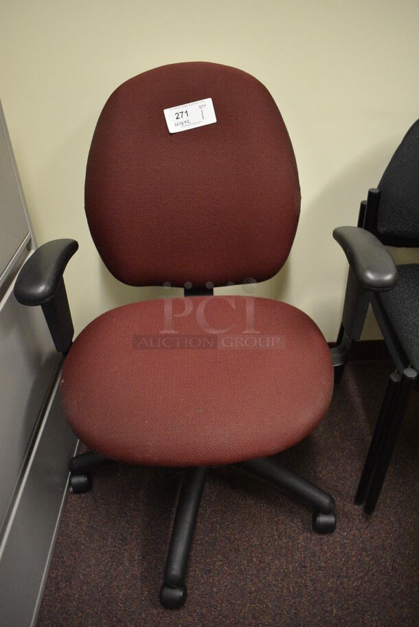 Maroon Office Chair w/ Arm Rests on Casters. 26x22x40. (John N. Hall Tech - Room 122 Office C)
