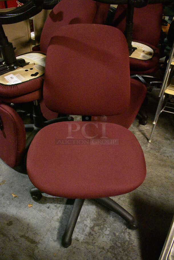 8 Maroon Office Chairs on Casters. 21x21x41. 8 Times Your Bid! (facilities)