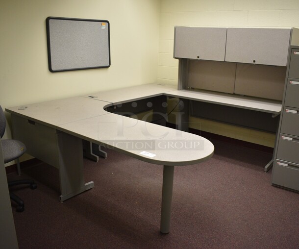 Gray U Shaped Desk w/ 2 Cabinets. 96x84x64. (John N. Hall Tech - Room 122 Office B)