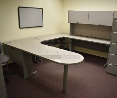 Gray U Shaped Desk w/ 2 Cabinets. 96x84x64. (John N. Hall Tech - Room 122 Office B)