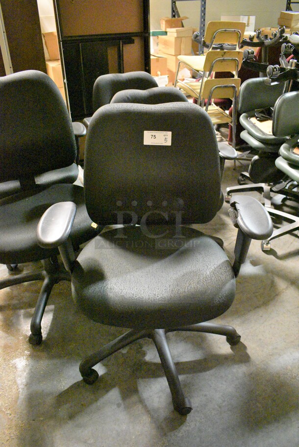 5 Black Office Chairs w/ Arm Rests on Casters. 28x21x39. 5 Times Your Bid! (facilities)