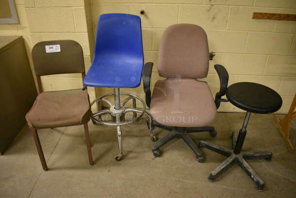 4 Various Chairs; Blue on Casters, Pink on Casters, Brown on Legs and Black Stool on Casters. Includes 16x16x38. 4 Times Your Bid! (John N. Hall Tech - Room 121)