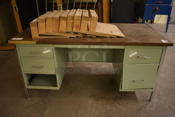 Green Metal Desk w/ Wood Pattern Desktop and 2 Drawers. 60x30x30. (John N. Hall Tech - Room 121)