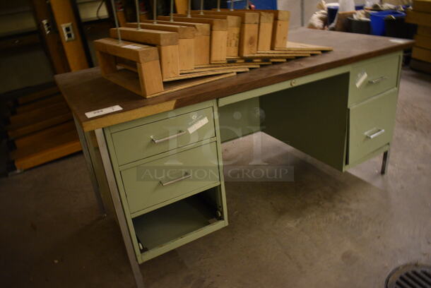 Green Metal Desk w/ Wood Pattern Desktop and 2 Drawers. 60x30x30. (John N. Hall Tech - Room 121) - Image 2 of 3