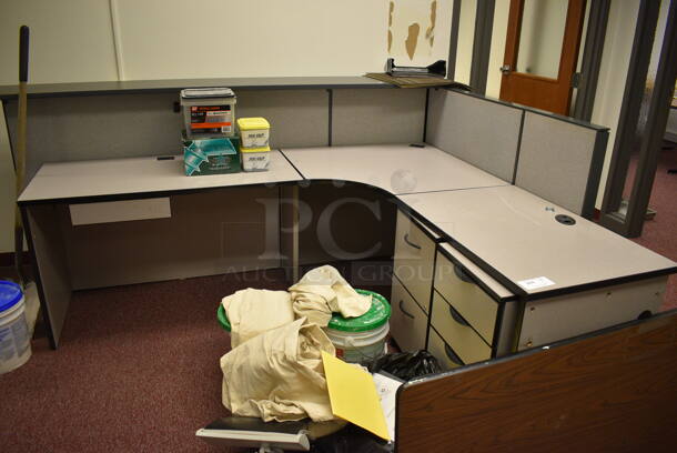 Gray L Shaped Desk w/ 2 Filing Cabinets. Does Not Include Contents/Additional Items Shown In Picture. 96x66x44. (Whitaker Hall - Room 132)