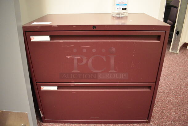 Maroon Metal 2 Drawer Filing Cabinet. 30x18x27. (Whitaker Hall - Room 132)