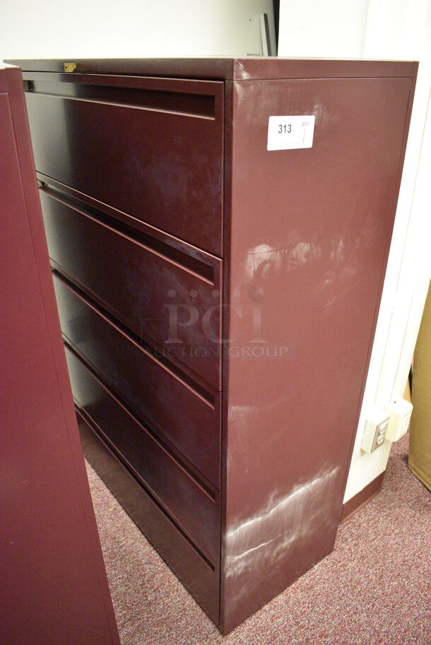 Maroon Metal 5 Drawer Filing Cabinet. 42x18x56. (Whitaker Hall - Room 132)