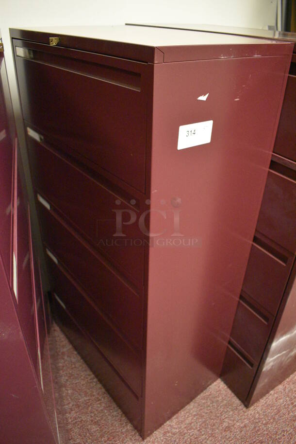 Maroon Metal 5 Drawer Filing Cabinet. 30x18x56. (Whitaker Hall - Room 132)