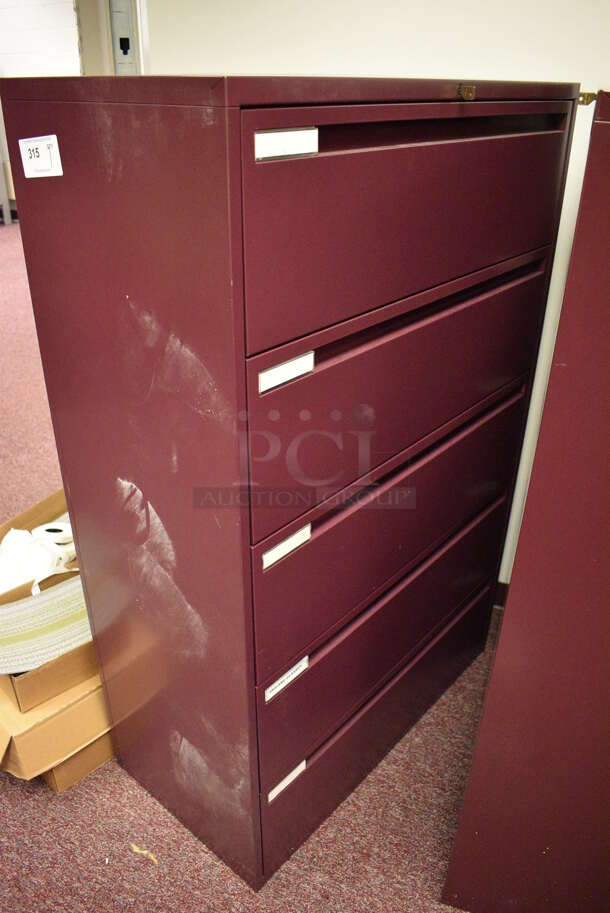 Maroon Metal 5 Drawer Filing Cabinet. 36x18x56. (Whitaker Hall - Room 132)