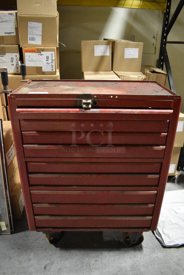 Red Metal Toolbox on Casters. 36x21x49. (facilities)