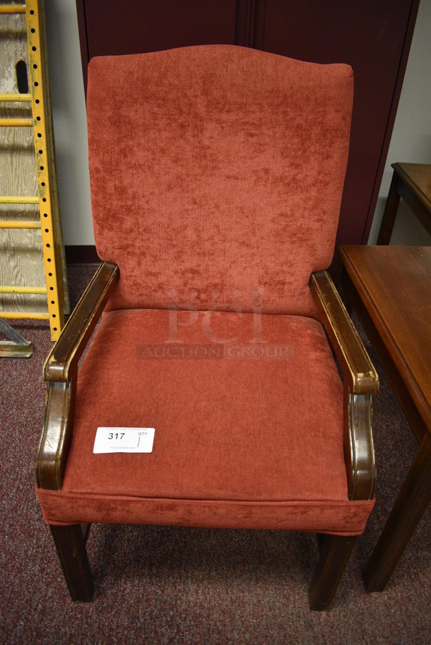Red Seat w/ Wood Pattern Arm Rests and Legs. 23x23x40. (Whitaker Hall - Room 132)