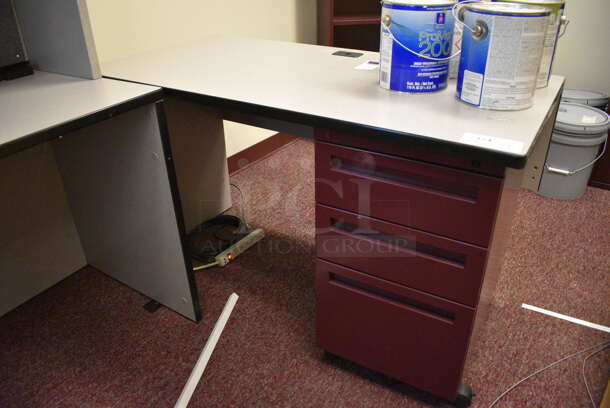 Gray Desk w/ Maroon Metal 3 Drawer Filing Cabinet. Does Not Include Contents. 48x24x29. (Whitaker Hall - Room 132 - Office B)