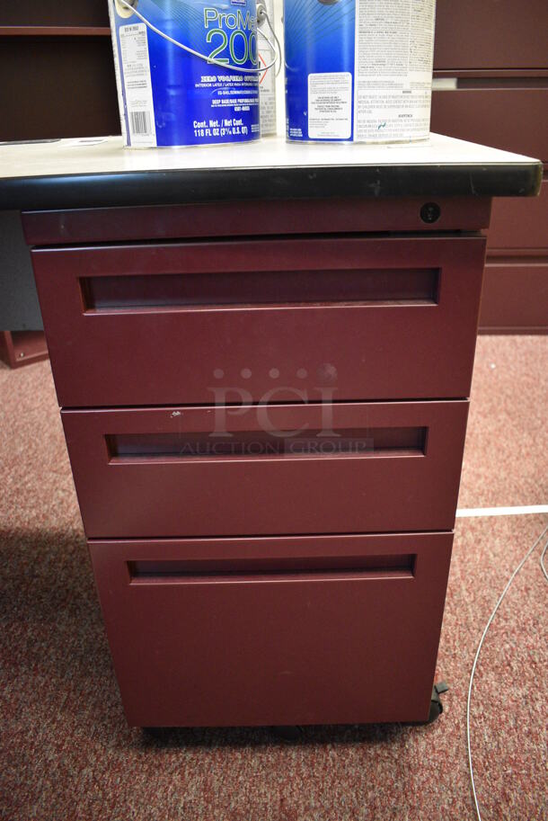 Gray Desk w/ Maroon Metal 3 Drawer Filing Cabinet. Does Not Include Contents. 48x24x29. (Whitaker Hall - Room 132 - Office B) - Image 3 of 3