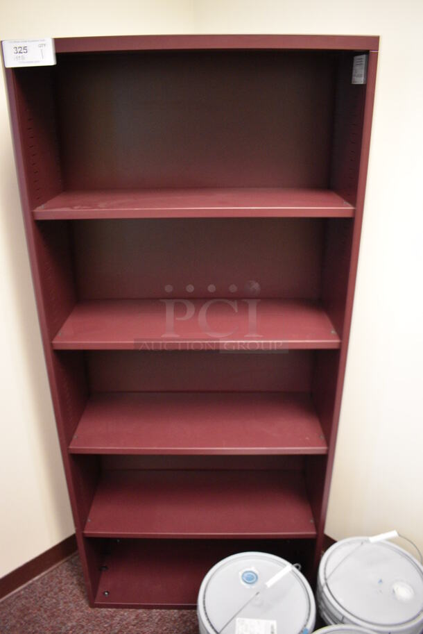 Maroon Metal Bookshelf. 30x12x67. (Whitaker Hall - Room 132 - Office B)
