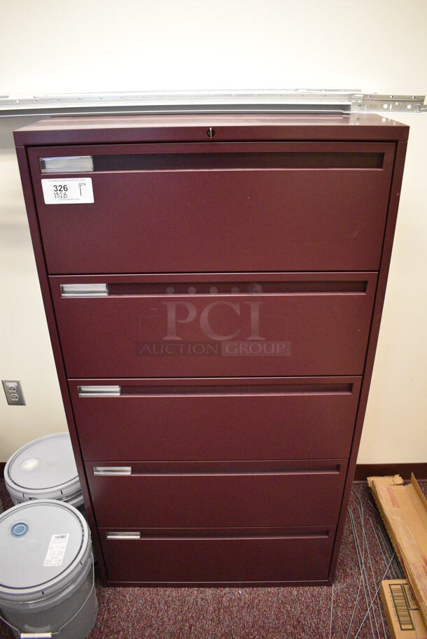 Maroon Metal 5 Drawer Filing Cabinet. 30x18x56. (Whitaker Hall - Room 132 - Office B)