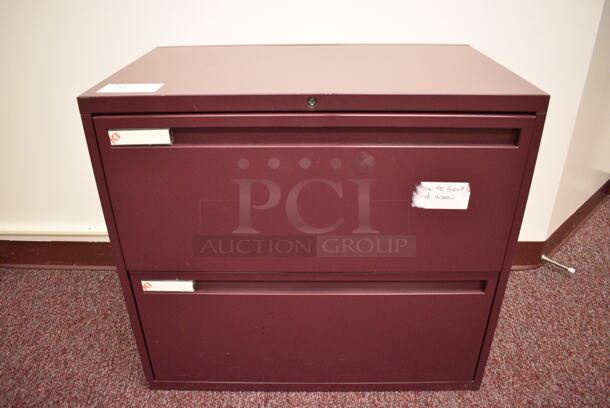 Maroon Metal 2 Drawer Filing Cabinet. 30x18x27 (Whitaker Hall - Room 132 - Office C)