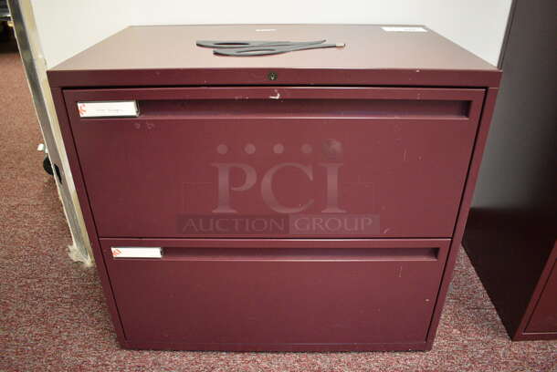 Maroon Metal 2 Drawer Filing Cabinet. 30x18x27 (Whitaker Hall - Room 132 - Office C)